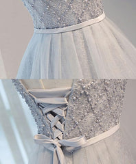 Gray Tulle Beads Short Corset Prom Dress, Gray Corset Homecoming Dress outfit, Evening Dress For Wedding