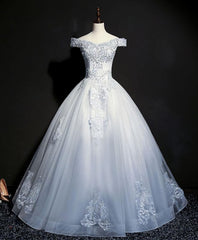 Blue Tulle Lace Off Shoulder Long Corset Prom Dress, Blue Tulle Lace Evening Dress outfit, Prom Dresses Website
