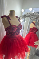 Red Two-Piece Sequins Top Bow Tie Straps A-line Corset Homecoming Dress outfit, Party Dress Ideas