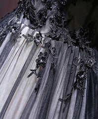 Black V Neck Tulle Lace Applique Long Corset Prom Dress, Black Evening Dress, 1 Gowns, Prom Dresses Different