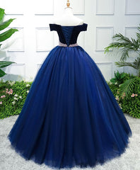 Dark Blue Tulle Off Shoulder Long Corset Prom Dress, Blue Sweet 16 Dress outfit, Evening Dresses Gowns