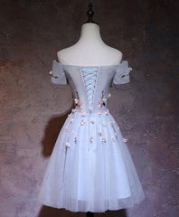 Cute Gray Blue Tulle Short Corset Prom Dress, Gray Corset Homecoming Dress outfit, Best Prom Dress