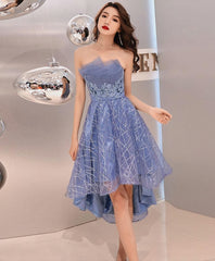 Blue Tulle High Low Corset Prom Dress, Blue Corset Homecoming Dress outfit, Prom Dressed Long