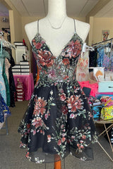 Black Floral Sequined A-line Straps Tulle Corset Homecoming Dress outfit, Bridesmaid Dress 2040
