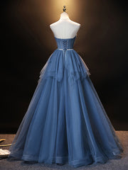 Blue Sweetheart Neck Tulle Long Corset Prom Dress, Blue Evening Dress outfit, Prom Dresses For 045