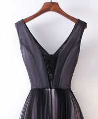 Black V Neck Lace Applique Tulle Long Corset Prom Dress, Black Evening Dress outfit, Prom Dresses 2044