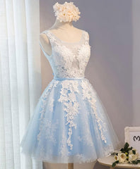 Blue V Neck Tulle Short Corset Prom Dress, Blue Corset Homecoming Dress outfit, Prom Dress Fabric