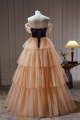 Champagne Off The Shoulder Evening Gown A Line Tulle Long Corset Prom Dresses outfit, Bridesmaid Dress Chiffon