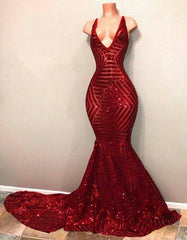 Red Sequins Shiny V-Neck Mermaid Long Corset Prom Dresses outfit, Party Dress Renswoude