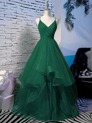 a line Corset Prom dresses evening dress spaghetti straps open back long dark green tulle with ruffles Gowns, Party Dresses Short
