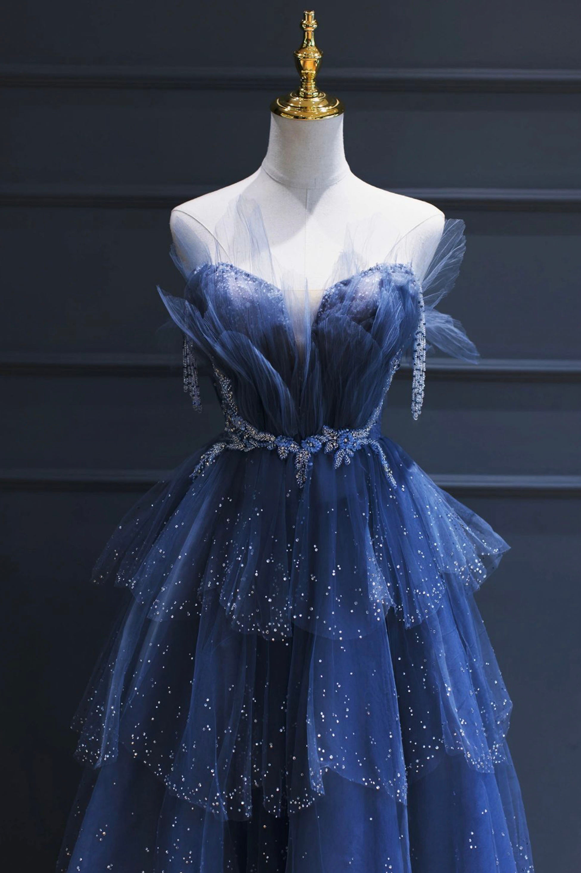 Blue Tulle Beaded Long Senior Corset Prom Dress, A-Line Blue Corset Formal Dress outfit, Party Dresses Designer