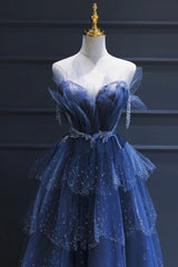 Blue Tulle Beaded Long Senior Corset Prom Dress, A-Line Blue Corset Formal Dress outfit, Party Dresses Designer