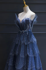 Blue Tulle Beaded Long Senior Corset Prom Dress, A-Line Blue Corset Formal Dress outfit, Party Dress Designer