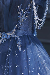 Blue Tulle Beaded Long Senior Corset Prom Dress, A-Line Blue Corset Formal Dress outfit, Party Dresses Designs