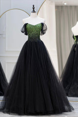 Black Tulle Long A-Line Corset Prom Dress, Black Evening Dress with Green Beaded outfit, Bridesmaid Dresses Pinks