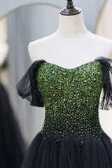 Black Tulle Long A-Line Corset Prom Dress, Black Evening Dress with Green Beaded outfit, Bridesmaid Dress Pink