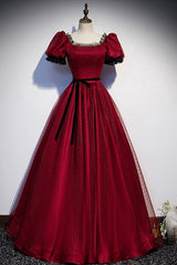 Burgundy Tulle Long Corset Prom Dresses, A-Line Backless Evening Dresses outfit, Formal Dress For Party Wear