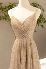 Gold V-Neck Sequins Long Corset Prom Dress, A-Line Evening Party Dress Outfits, Prom Dresses Sale