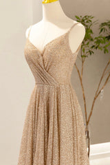 Gold V-Neck Sequins Long Corset Prom Dress, A-Line Evening Party Dress Outfits, Prom Dress Sales