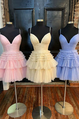 Cute Tulle V-Neck Short Corset Prom Dress, A-Line Corset Homecoming Party Dress Outfits, Homecoming Dresses For Kids