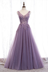 Purple V-Neck Lace Long Corset Prom Dresses, A-Line Evening Party Dresses outfit, Party Dress Idea