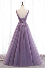 Purple V-Neck Lace Long Corset Prom Dresses, A-Line Evening Party Dresses outfit, Party Dress Outfits