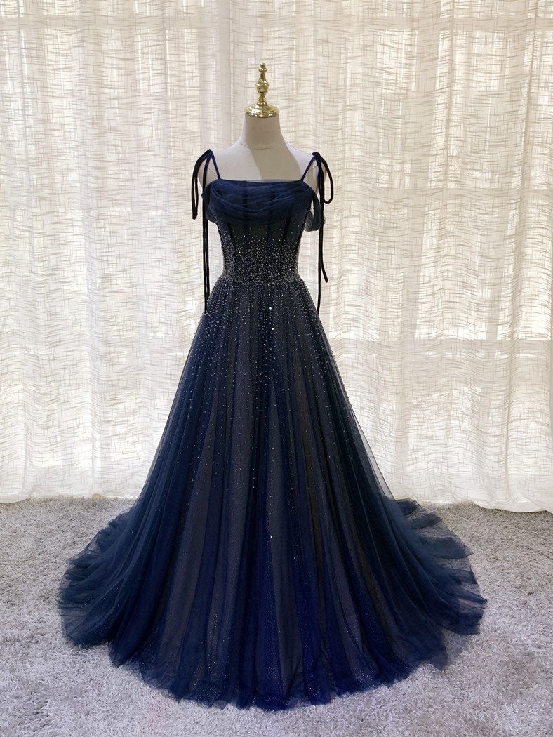Dark Blue Tulle Sequin Long Corset Prom Dress, Blue Tulle Corset Formal Dress outfit, Party Dress For Night
