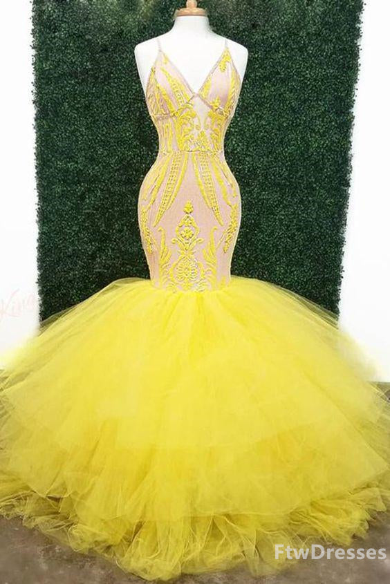 yellow sexy Corset Prom dresses with deep v neck lace appliques mermaid evening gowns outfit, Party Dresses Outfit