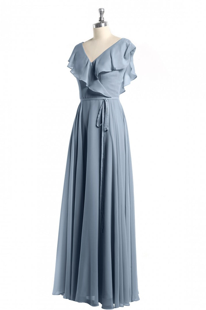 Dusty Blue V-Neck Backless Ruffled A-Line Long Corset Bridesmaid Dress outfit, Party Dresses Websites