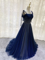 Dark Blue Tulle Sequin Long Corset Prom Dress, Blue Tulle Corset Formal Dress outfit, Party Dress Aesthetic