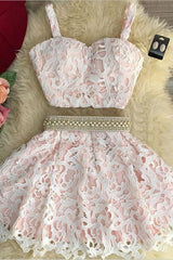 2024 Two Piece A Line Lace Corset Homecoming Dresses, Spaghetti Straps Beaded Waistline outfit, Evening Dresses Classy