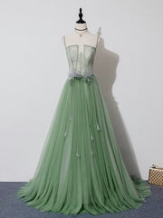 Green Tulle Lace Long Corset Prom Dress, Green Tulle Evening Dress, 3 Gowns, Evening Dress Designer