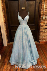 Blue A-Line V-Neck Simple Sequin Corset Formal Evening Dresses Long Corset Prom Dresses outfit, Party Dress Style Shop