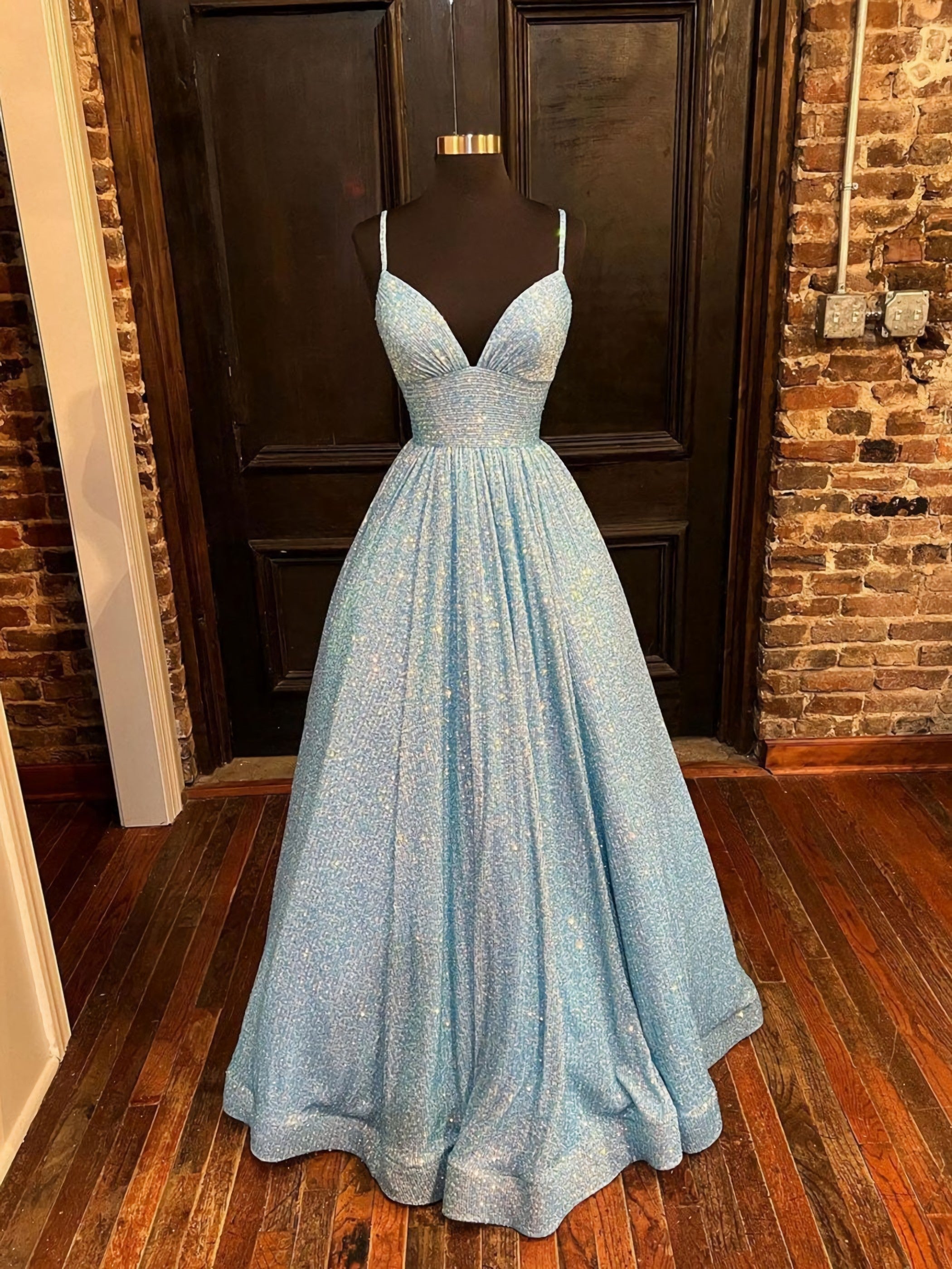Simple Blue V Neck Sequin Long Corset Prom Dress, A Line Blue Evening Dress outfit, Evening Dresses Elegant