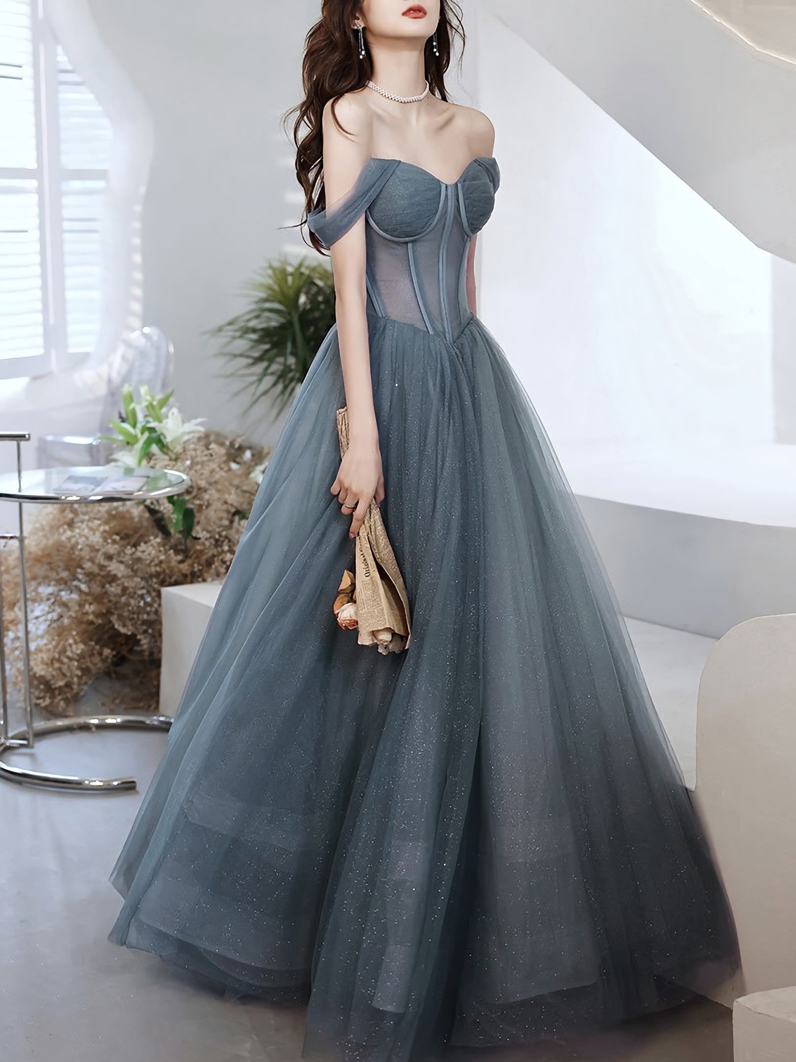 A Line Sweetheart Neck Gray Blue Tulle Long Corset Prom Dress, Blue Evening Dress outfit, Homecoming Dresses Vintage