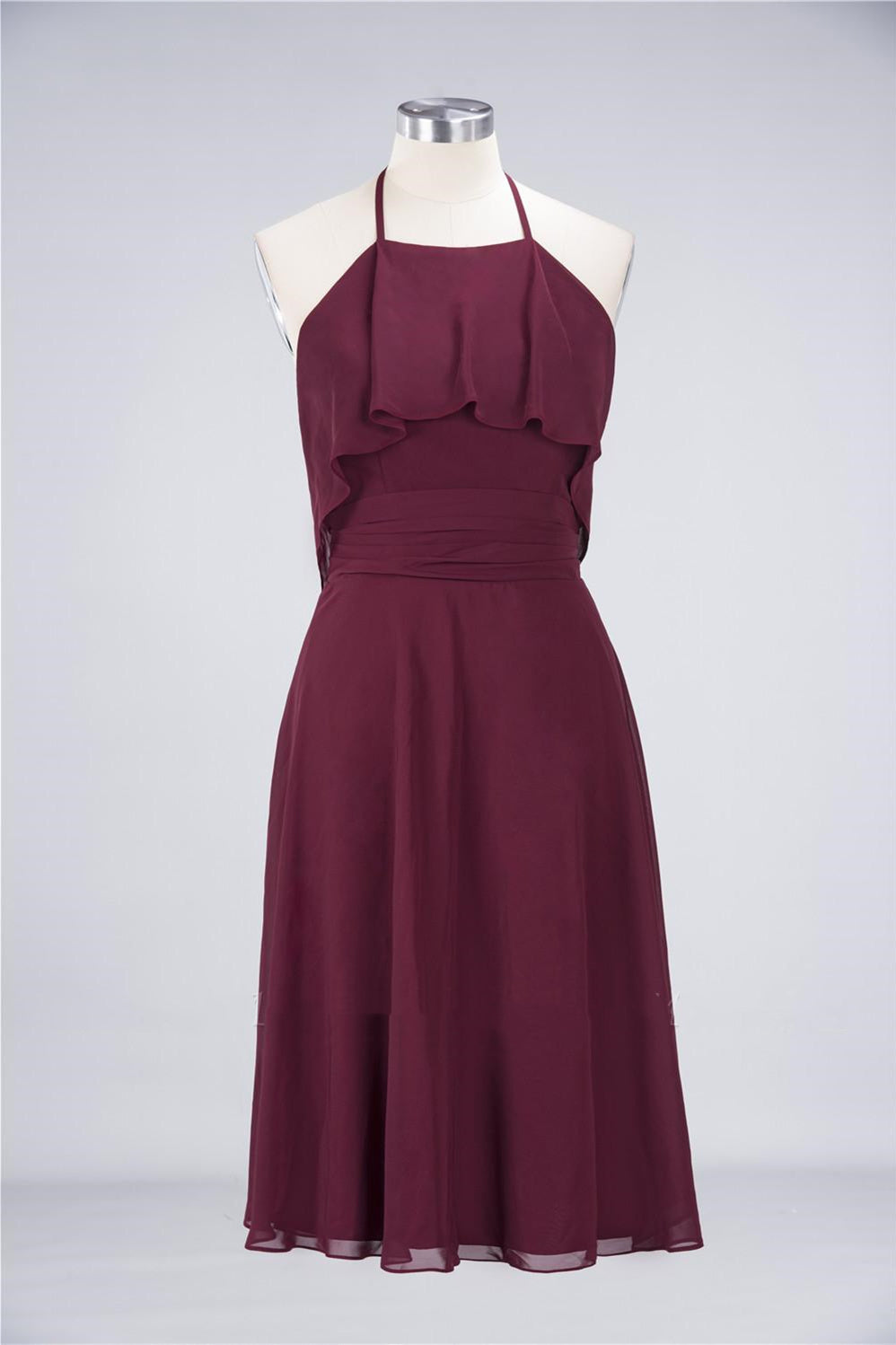 Burgundy Halter Backless Ruffled A-Line Short Dress Gowns, Bridesmaid Dress Dark Green