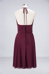 Burgundy Halter Backless Ruffled A-Line Short Dress Gowns, Bridesmaid Dresses Dark Green