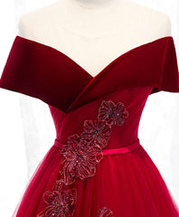 Burgundy Tulle Off Shoulder Long Corset Prom Dress, Burgundy Corset Formal Dress outfit, Formal Dresses Truworths