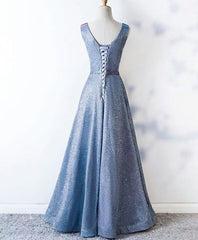 Unique Blue Sequin Long Corset Prom Dress, Blue Corset Formal Dress outfit, Prom Dresses Simple
