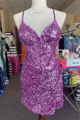 Purple Straps Sequined Embroidery Sheath Corset Homecoming Dress outfit, Bridesmaid Dresses Blush Pink
