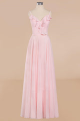 Pink Ruffle Lace-Up A-Line Long Corset Bridesmaid Dress outfit, Bridesmaid Dress Shopping