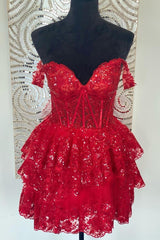 Red Off-the-Shoulder Lace Multi-Layers Appliques Sequins Corset Homecoming Dress outfit, Bridesmaids Dresses Modest