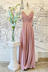 Pink V Neck Spaghetti Straps Pleated Chiffon Long Corset Bridesmaid Dress outfit, Bridesmaid Dresses Styles Long
