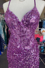 Purple Straps Sequined Embroidery Sheath Corset Homecoming Dress outfit, Bridesmaids Dresses Blush Pink
