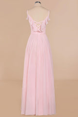 Pink Ruffle Lace-Up A-Line Long Corset Bridesmaid Dress outfit, Bridesmaids Dresses Satin