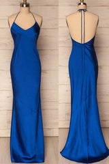 Mermaid Halter Royal Blue Satin Long Corset Prom Gown outfits, Fall Wedding Ideas