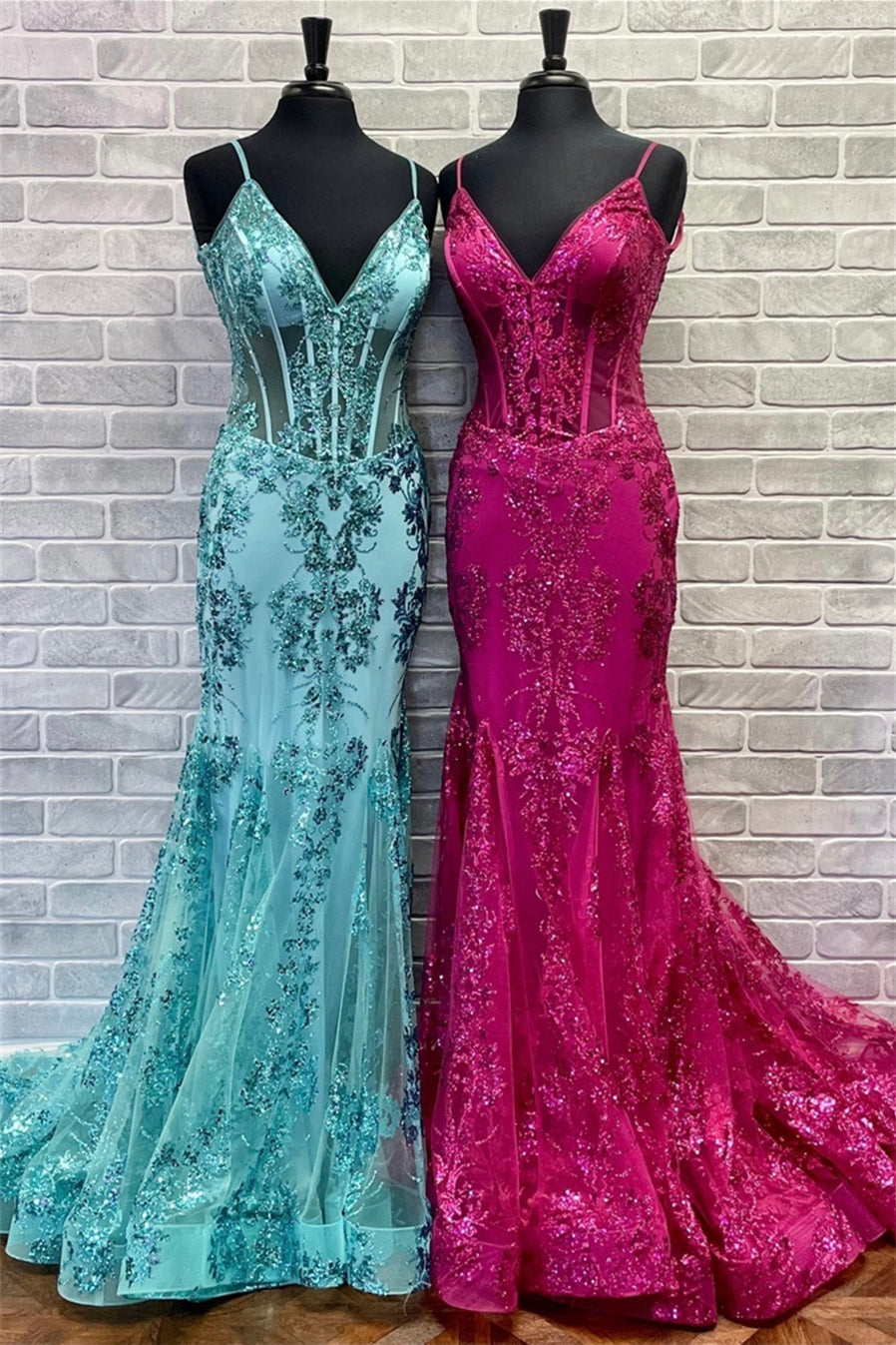 Fuchsia Mermaid Sequined Embroidery Tulle Long Corset Prom Dress outfits, Formal Dress Short