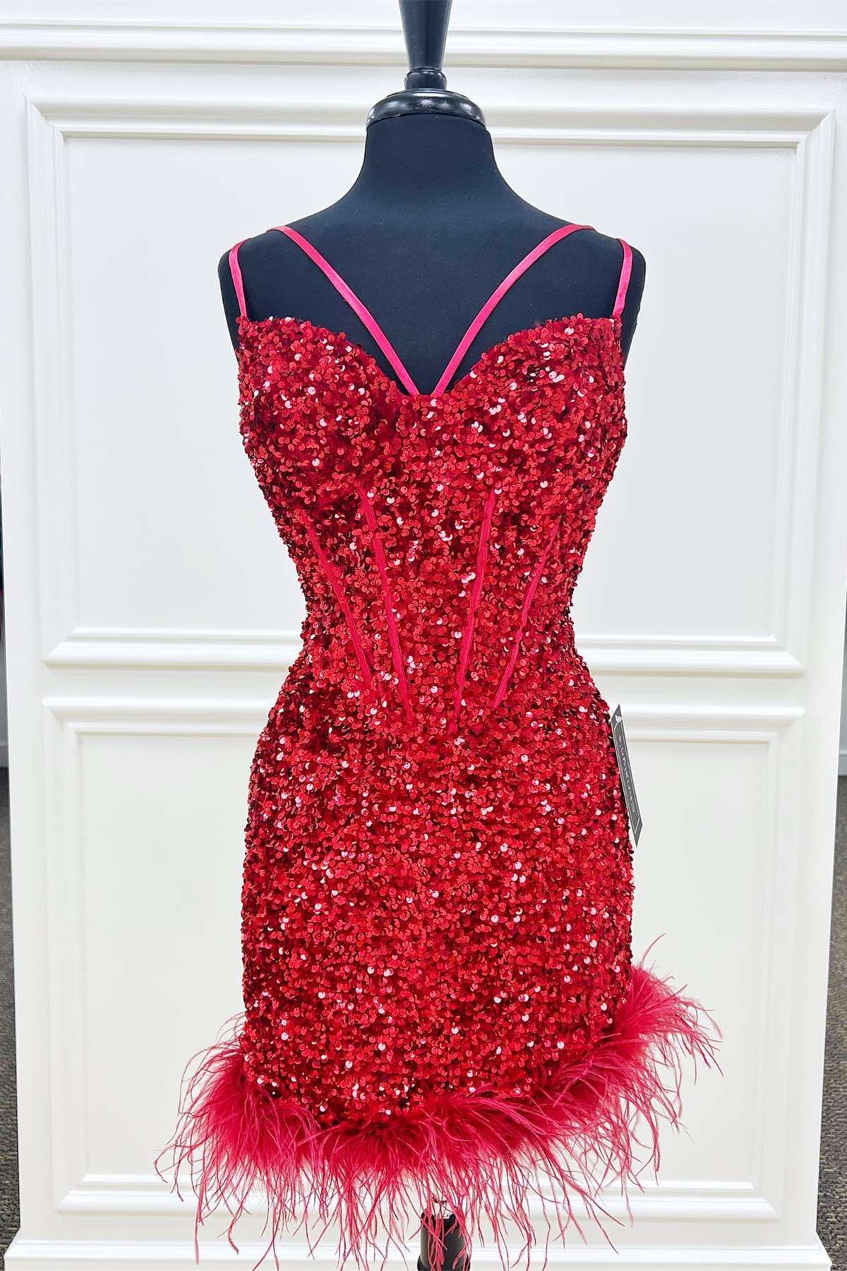 Feathers Red Sequin Straps Bodycon Short Corset Homecoming Dress outfit, Party Dresses With Boots