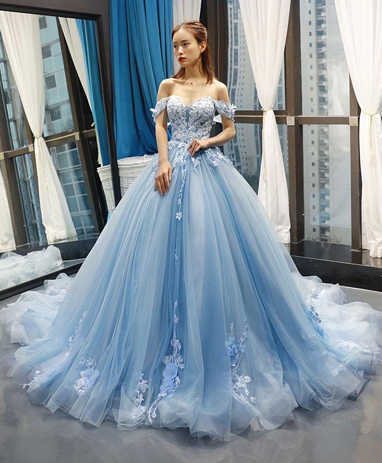 Blue Off Shoulder Tulle Lace Long Corset Prom Gown Blue Evening Dress outfit, Prom Dresses Sale