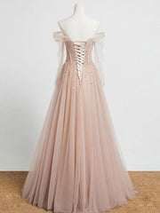 Champagne Pink Tulle Beads Long Corset Prom Dress, Champagne Evening Dress outfit, Formal Dresses Floral